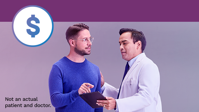 A health care professional in a white coat holding a tablet speaks to a patient wearing a blue sweater, with a circular dollar symbol icon at the top-left corner, with a purple-blue background. Text indicates they are not an actual patient and doctor.